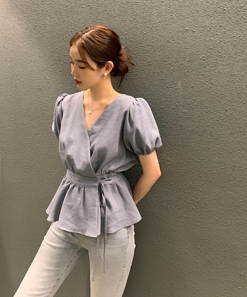 gossip!ロサンゼルス ブラウス シャツ 半袖 「Y2Kガーリー」 Vネック