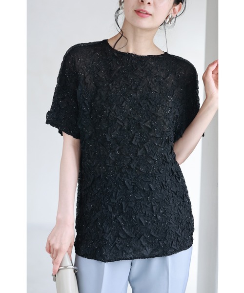 tシャツ （黒）光の粒を散りばめたクシュクシュカットソートップス レディース
