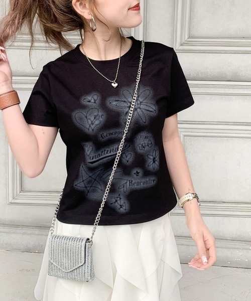 tシャツ 「mily bilet」大人可愛い最旬プリント柄。スプレーライクプリントコンパクトTシャツ（半袖） レディース | mily bilet | 19