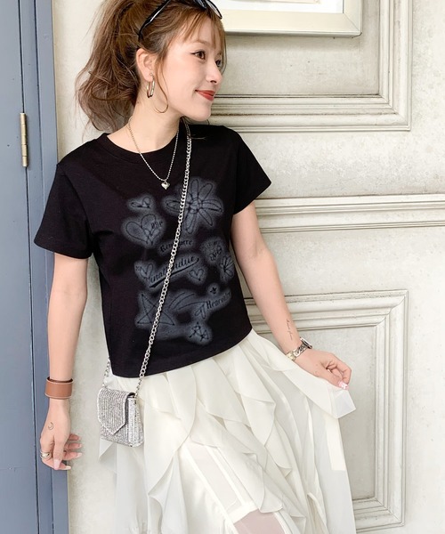 tシャツ 「mily bilet」大人可愛い最旬プリント柄。スプレーライクプリントコンパクトTシャツ（半袖） レディース | mily bilet | 21