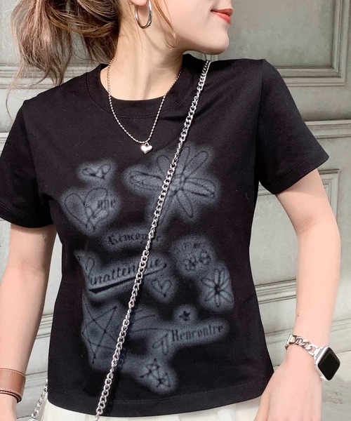 tシャツ 「mily bilet」大人可愛い最旬プリント柄。スプレーライクプリントコンパクトTシャツ（半袖） レディース | mily bilet | 18