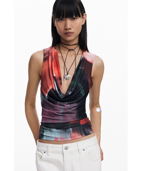 tシャツ アブストラクトグラデーション ドレープネックトップ レディース
