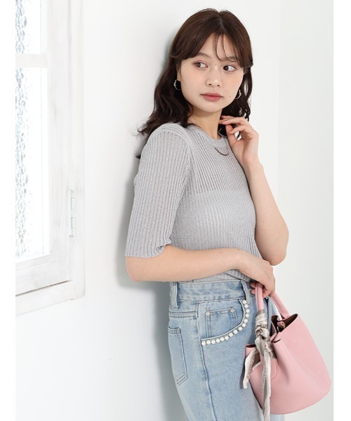 ニット セーター ラメシアーニット_5分袖 レディース A part by ニット セーター ラメシアーニット_5分袖 レディース