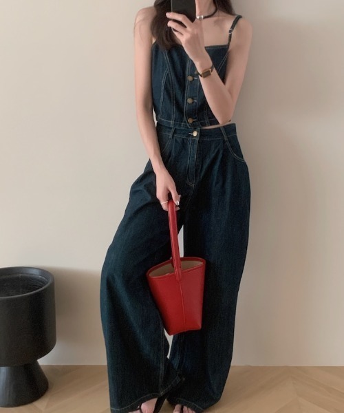 デニム セットアップ キャミソール ワイドパンツ FAVORITO セットアップ シングルブレストキャミソールワイド