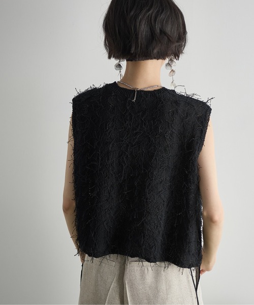 FENDI Jeans ラインストーン フリンジトップ ノースリーブ GRANCY】Shirring Design Rhinestone Graphic Sleeveless Tshirt