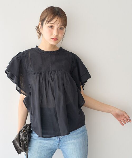 earth music&ecology ブラウス シャツ フリルピンタック半袖