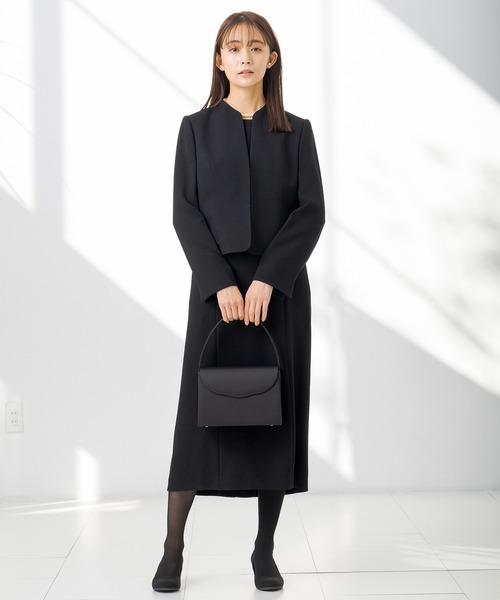 セレモニースーツ セットアップ 「喪服」「前開き」ノーカラージャケット＆セミフレア レディースワンピース「大きいサイズ有」/ブラックフォーマルの画像