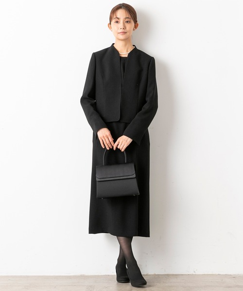 セレモニースーツ セットアップ 「喪服」「前開き」ノーカラージャケット＆セミフレア レディースワンピース「大きいサイズ有」/ブラックフォーマルの画像