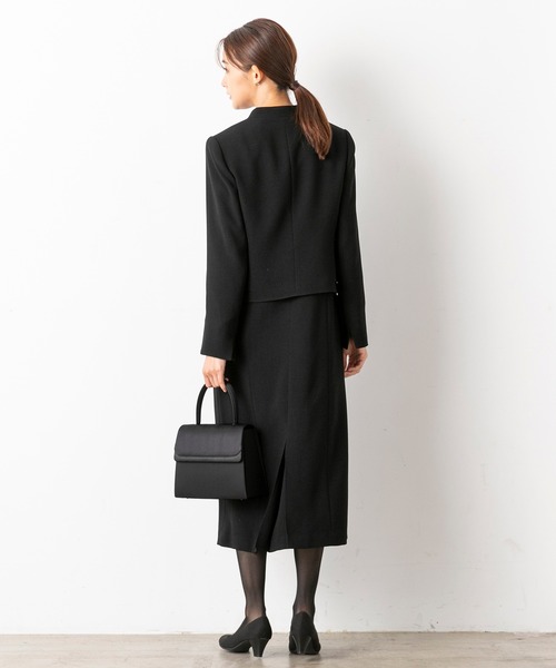 セレモニースーツ セットアップ 「喪服」「前開き」ノーカラージャケット＆セミフレア レディースワンピース「大きいサイズ有」/ブラックフォーマルの画像