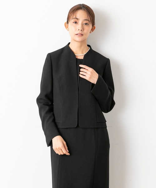 セレモニースーツ セットアップ 「喪服」「前開き」ノーカラージャケット＆セミフレア レディースワンピース「大きいサイズ有」/ブラックフォーマルの画像