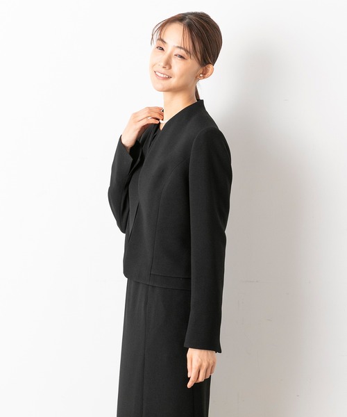 セレモニースーツ セットアップ 「喪服」「前開き」ノーカラージャケット＆セミフレア レディースワンピース「大きいサイズ有」/ブラックフォーマルの画像