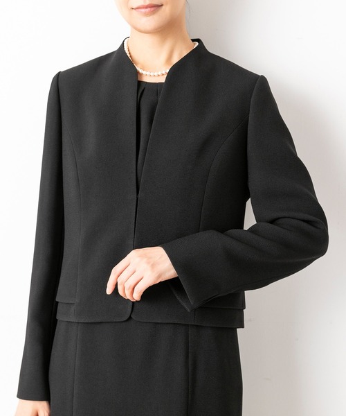 セレモニースーツ セットアップ 「喪服」「前開き」ノーカラージャケット＆セミフレア レディースワンピース「大きいサイズ有」/ブラックフォーマルの画像