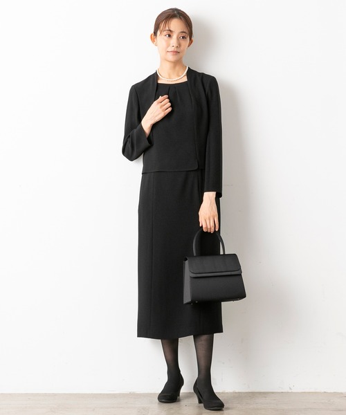 セレモニースーツ セットアップ 「喪服」「前開き」ノーカラージャケット＆セミフレア レディースワンピース「大きいサイズ有」/ブラックフォーマルの画像