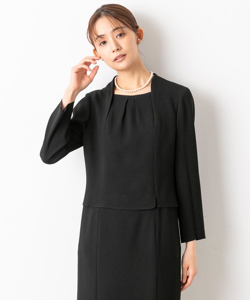 セレモニースーツ セットアップ 「喪服」「前開き」ノーカラージャケット＆セミフレア レディースワンピース「大きいサイズ有」/ブラックフォーマルの画像