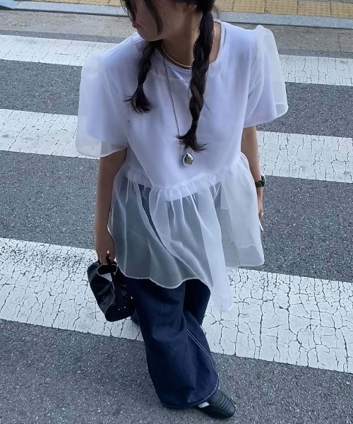 tシャツ 半袖 シアー切り替えペプラムトップス レディース : ZOZOTOWN