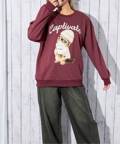 トレーナー スウェット 「ねこニット帽×刺繍ロゴ」レディース 裏毛 猫 