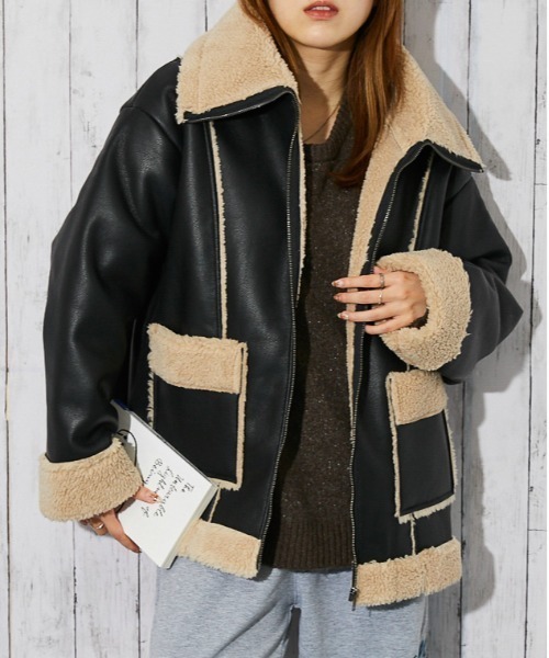 美品✨ムートンジャケット　コート　多ポケット　ボア　レザー切替　XL相当 ブルゾン アウター 「ボア切替×ビッグカラー」レディース フェイク