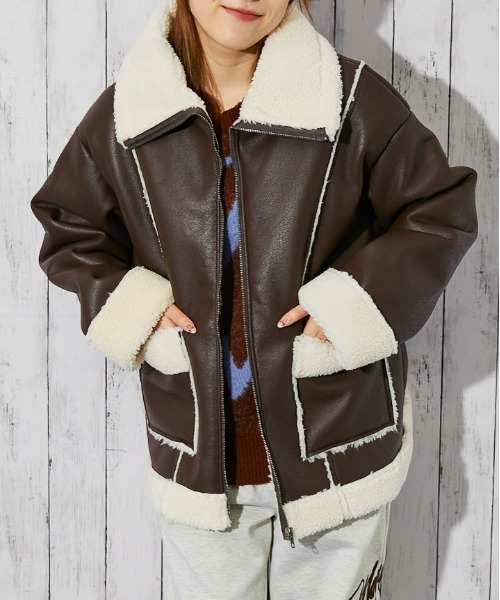 トスカーナムートン ブラウン カーキブラウン XL ボア ムートンジャケット tiptop+pocket ティップトッププラスポケット / ムートンブルゾン