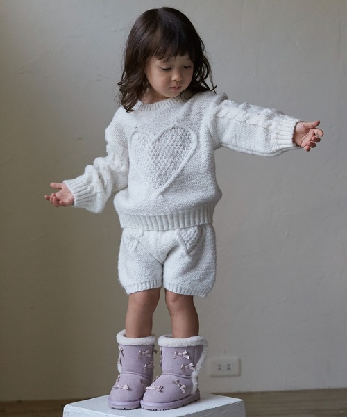 petit main パンツ 「リンク」ハートケーブルニットショートパンツ