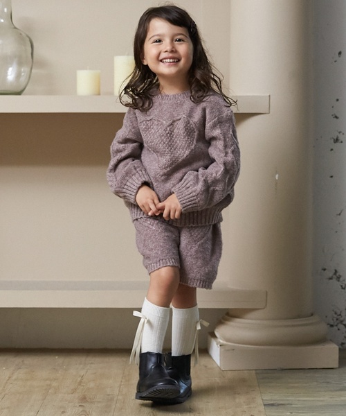 petit main パンツ 「リンク」ハートケーブルニットショートパンツ