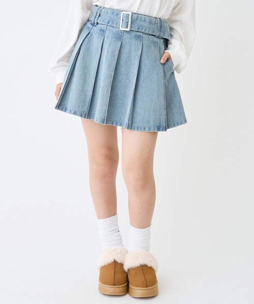 （お値下げ）Mark&Lona プリーツスカート Lサイズ　美品　ライトブルー LOVETOXIC スカート 「LTXC」美脚見えベルトつきデニムプリーツ