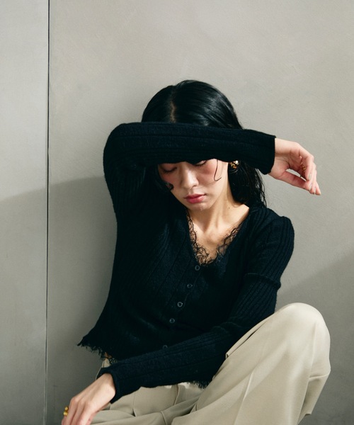 カーディガン ランダムリブニットレースカーディガン レディース