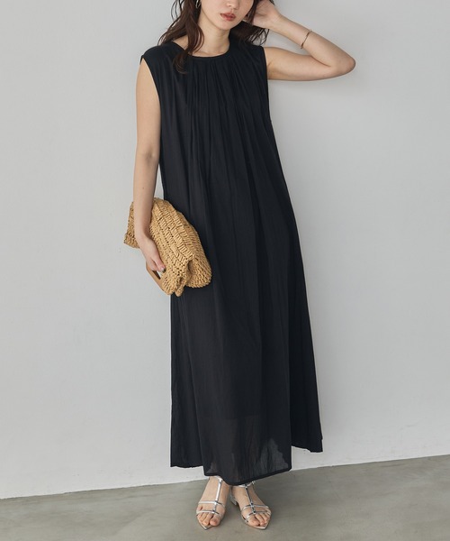 MARK&LONA プリーツ切替衿付きノースリーブワンピース ブラック Noia ワンピース 夏 クリンクル ノースリーブワンピース : ZOZOTOWN