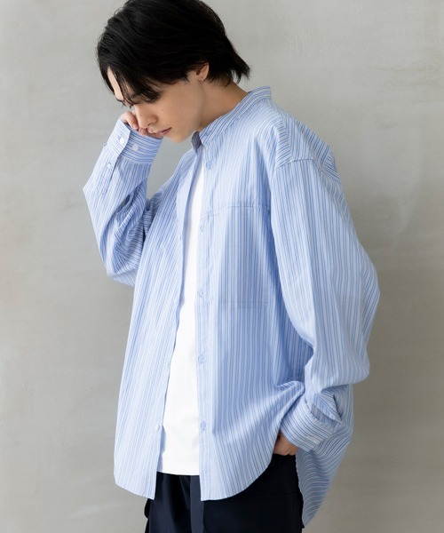 シャツ +phenix(プラスフェニックス)SEAM POCKET BAND COLLAR SHIRT / シームポケット バンドカラーシャツ メンズの画像