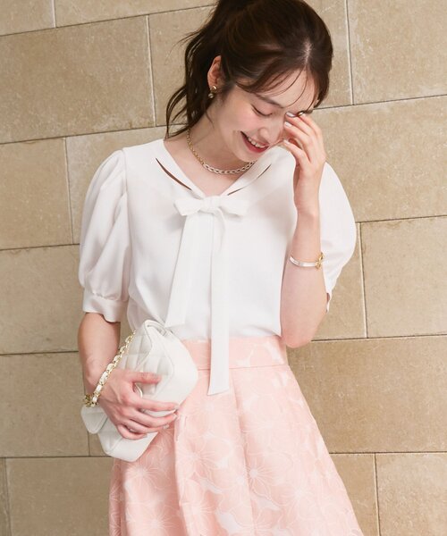 6085◆【美品】ブラミンク　パフスリーブブラウス　リボン　カットソー　コットン La boutique Bonbon（ラブティックボンボン） ブラウス シャツ 半袖
