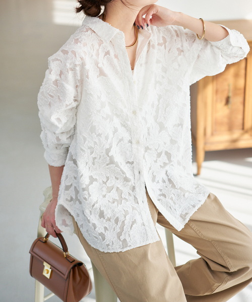 Spick and Spanシアージャガードシャツ レース ブラウス Spick＆Span（スピック アンド スパン） ブラウス シャツ 「新色有り