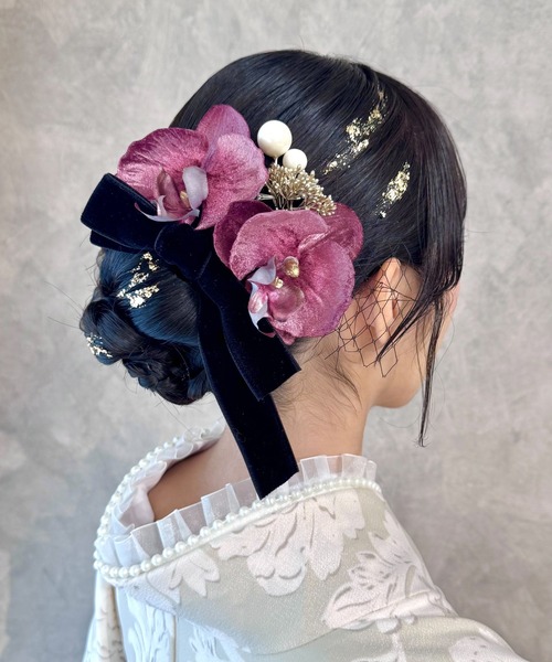 成人式 ベロアリボン×胡蝶蘭ヘアアレンジセット「curumu.」 レディース