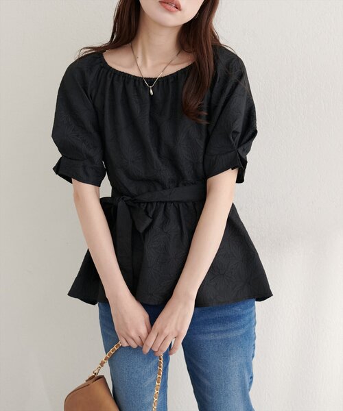 natural couture ブラウス シャツ 袖タックペプラムブラウス natural couture 袖タックペプラムブラウスサックスブルー