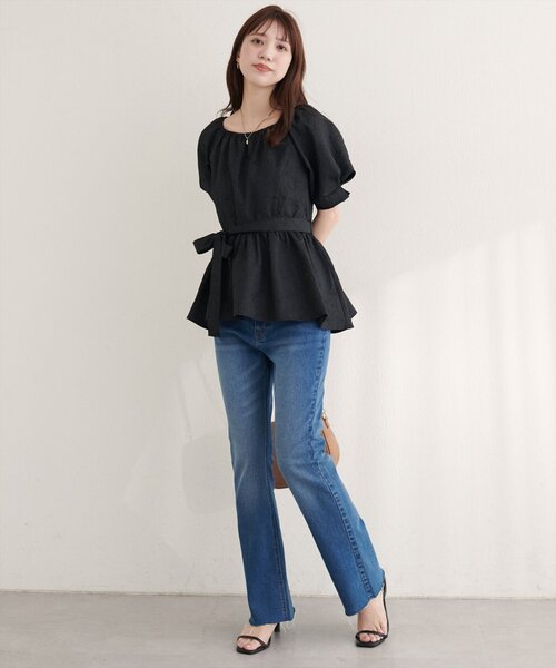 natural couture ブラウス シャツ 袖タックペプラムブラウス 