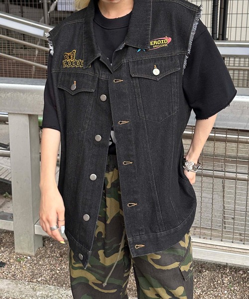 ベスト ジレ カットオフデニムワッペンベスト メンズ レディース