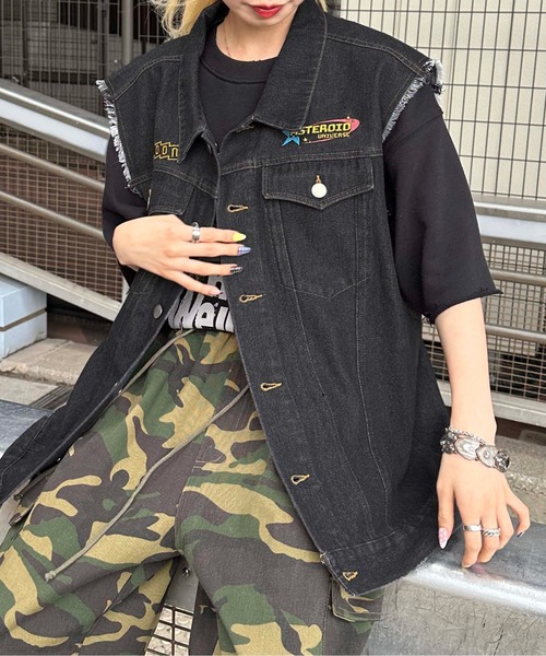 ベスト ジレ カットオフデニムワッペンベスト メンズ レディース