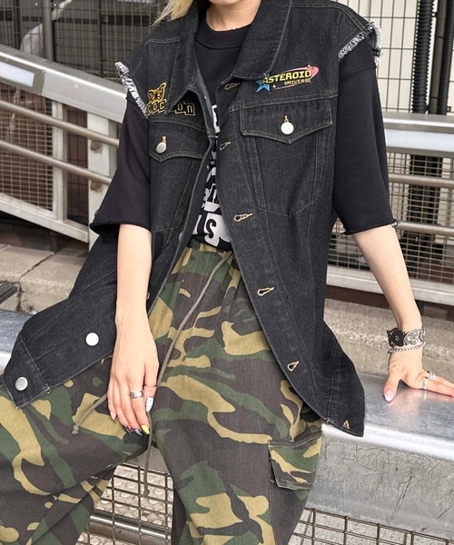 ベスト ジレ カットオフデニムワッペンベスト メンズ レディース