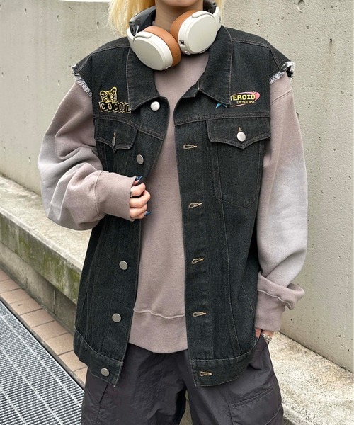 ベスト ジレ カットオフデニムワッペンベスト メンズ レディース