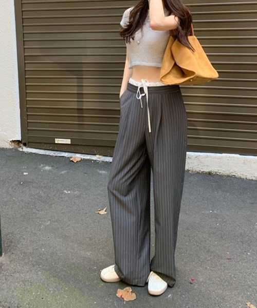 LYEON スラックス パンツ ウエストレイヤードデザインスラックス