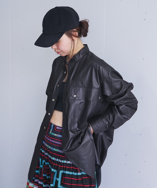 ブラウス シャツ Leather like shirt レディース oll（ファッション） ブラウス シャツ Leather like shirt