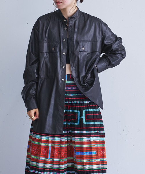 ブラウス シャツ Leather like shirt レディース oll（ファッション） ブラウス シャツ Leather like shirt