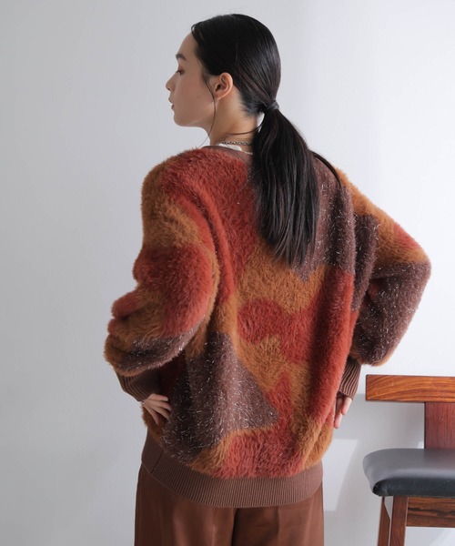 カーディガン ラメフェザージャガードニットカーディガン レディース LADYMADE カーディガン ラメフェザージャガードニット
