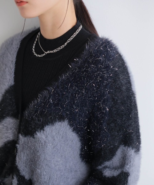 LADYMADE カーディガン ラメフェザージャガードニット