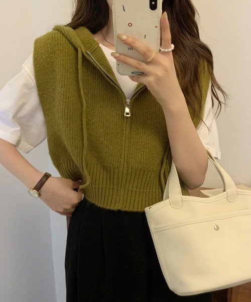 miniministore ベスト ジレ フード付きジップニットベスト