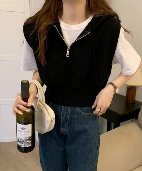 miniministore（ミニミニストア） ベスト ジレ フード付きジップニット