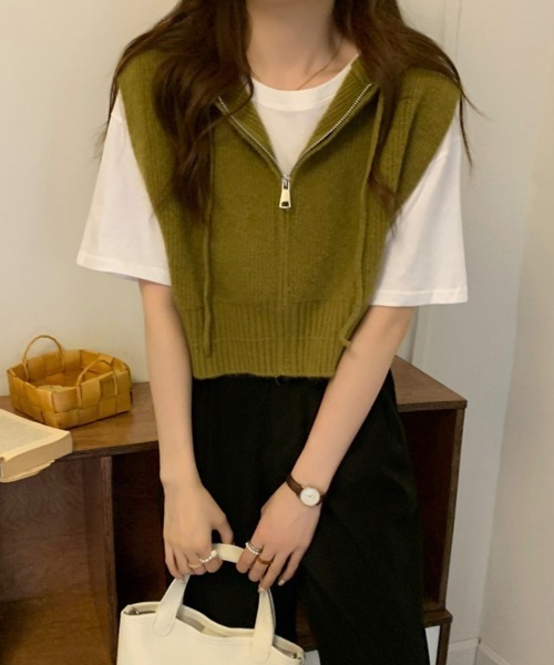 オリーブグリーン ジッパー付きベスト miniministore ベスト ジレ フード付きジップニットベスト