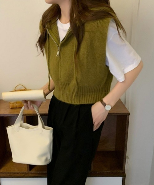 オリーブグリーン ジッパー付きベスト miniministore ベスト ジレ フード付きジップニットベスト