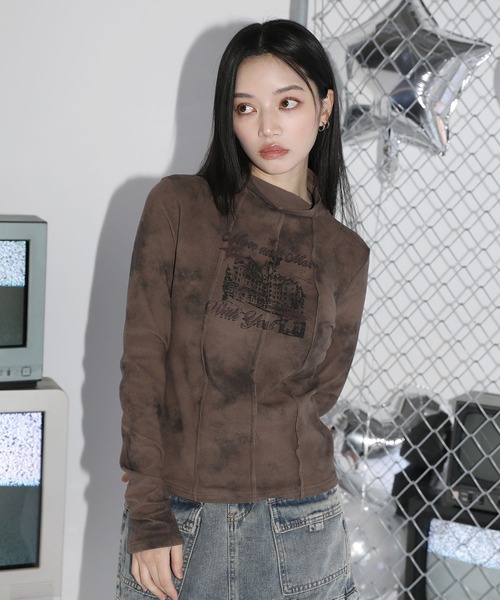 MSGirl tシャツ リメイクライクグラフィックハイネックカットソー
