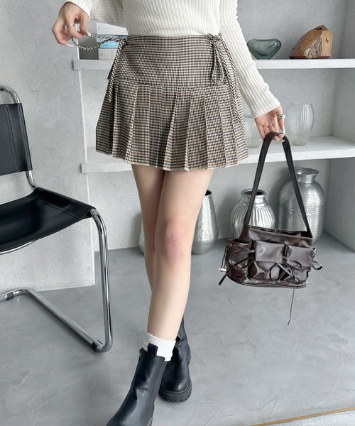 Ada. スカート ウエストサイドリボン プリーツ ミニスカート チェック