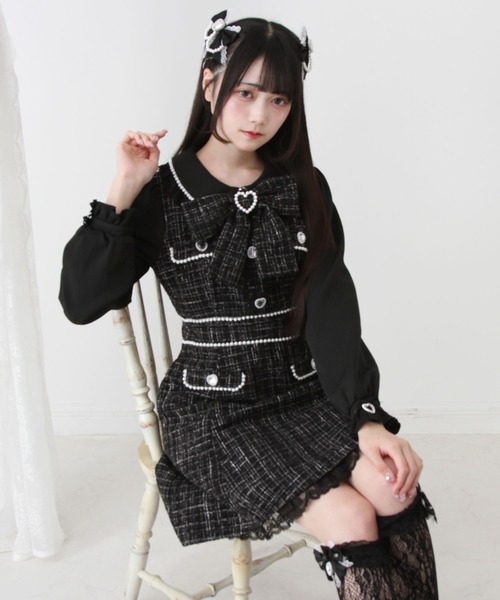 ハートパールお嬢様ツイードワンピース DearMyLoveWhip ハートパールお嬢様ツイードワンピース – レディース