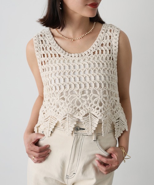 ベスト ジレ tiered lace ビスチェ レディース She's Closet ベスト ジレ 2WAYショート丈深Vネック花柄刺繍